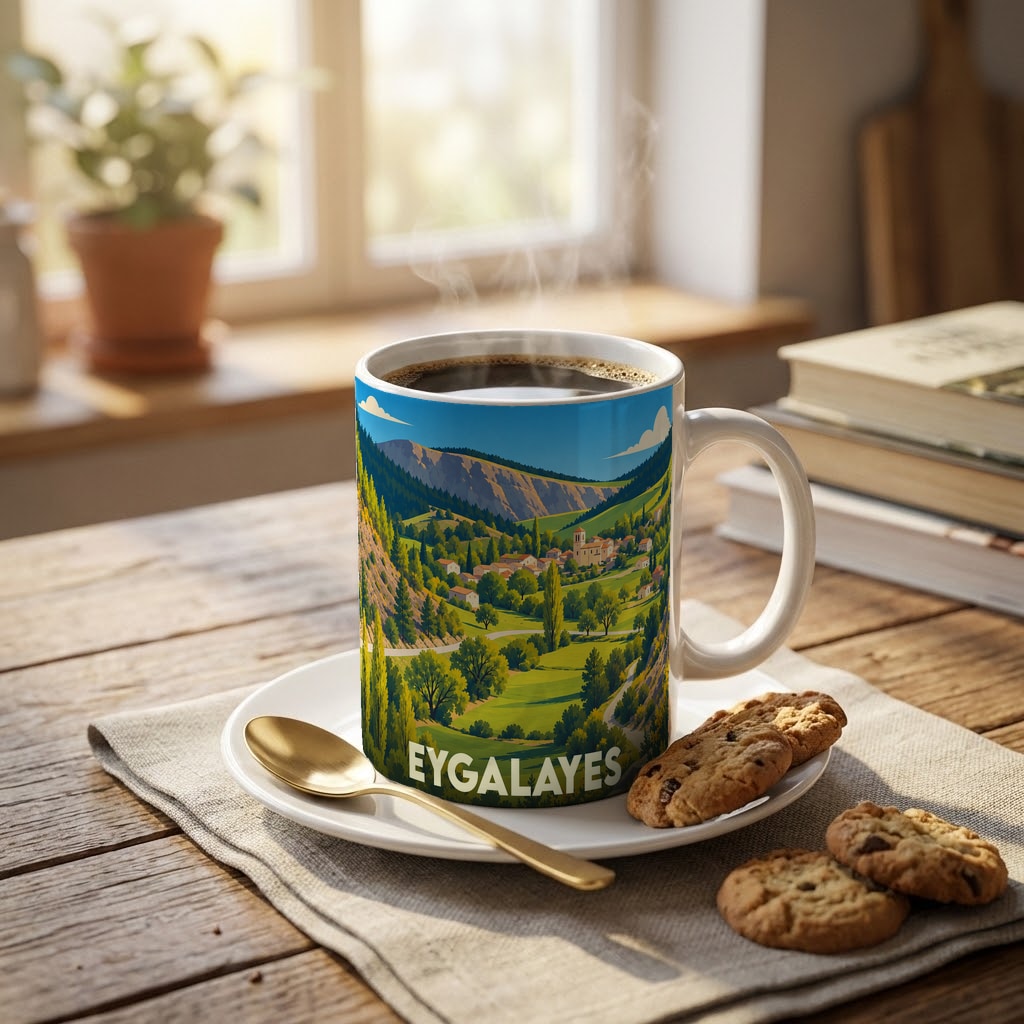 Mug souvenir de la ville d'Eygalayes avec une illustration stylisée d'un paysage de Provence.