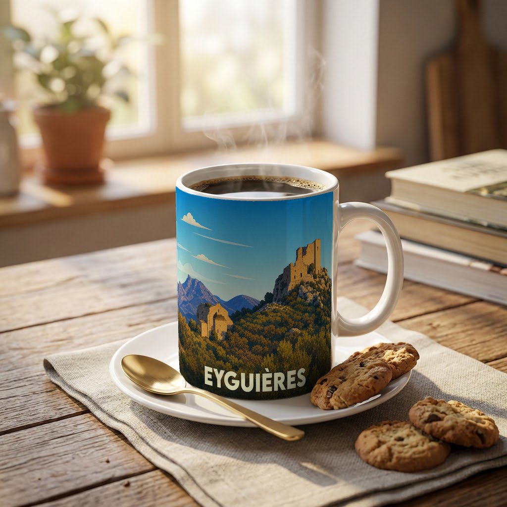Mug souvenir de la ville d'Eyguières avec une illustration stylisée de paysages provençaux et d'un château.