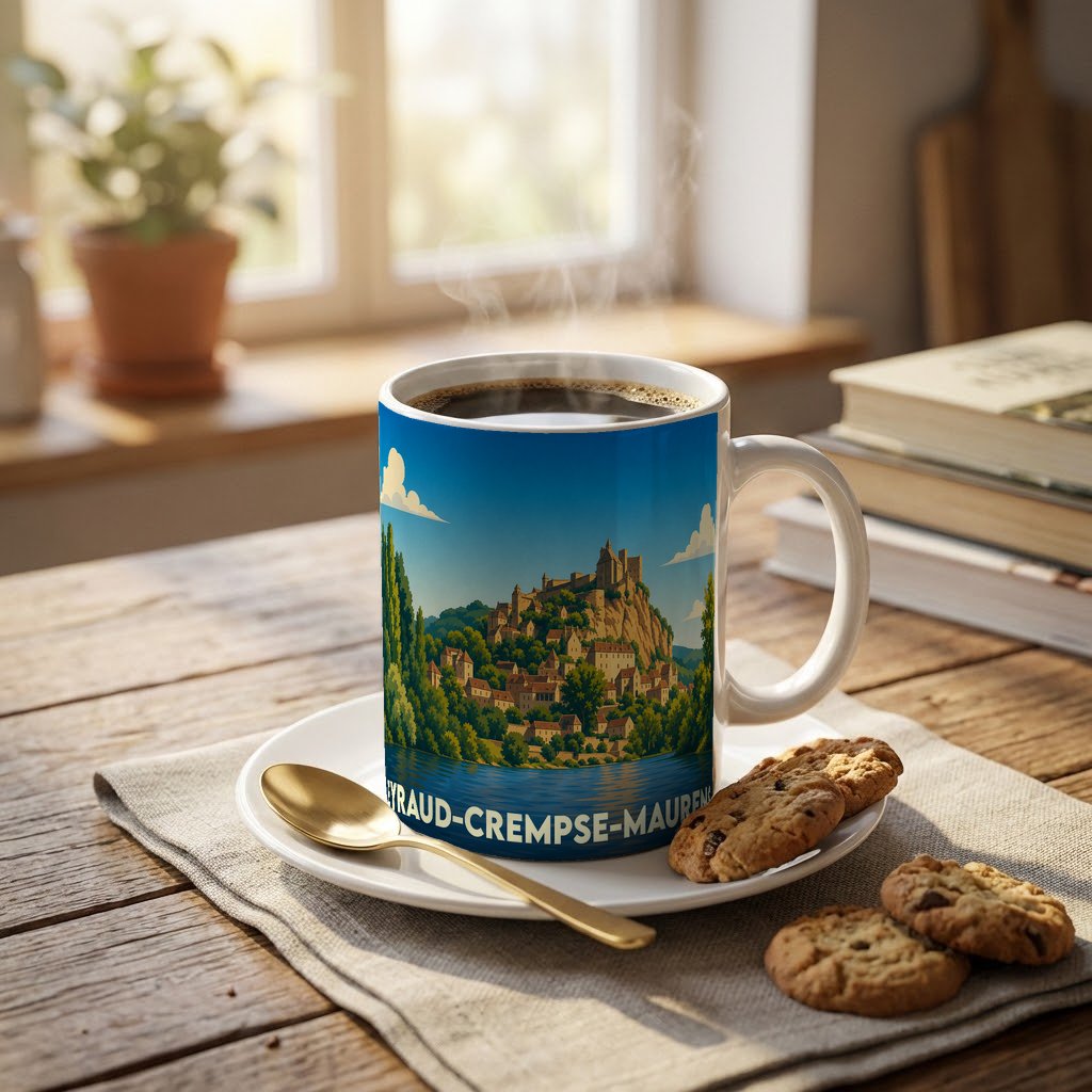 Mug souvenir de la ville d'Eyraud-Crempse-Maurens orné d'une illustration stylisée de son paysage.