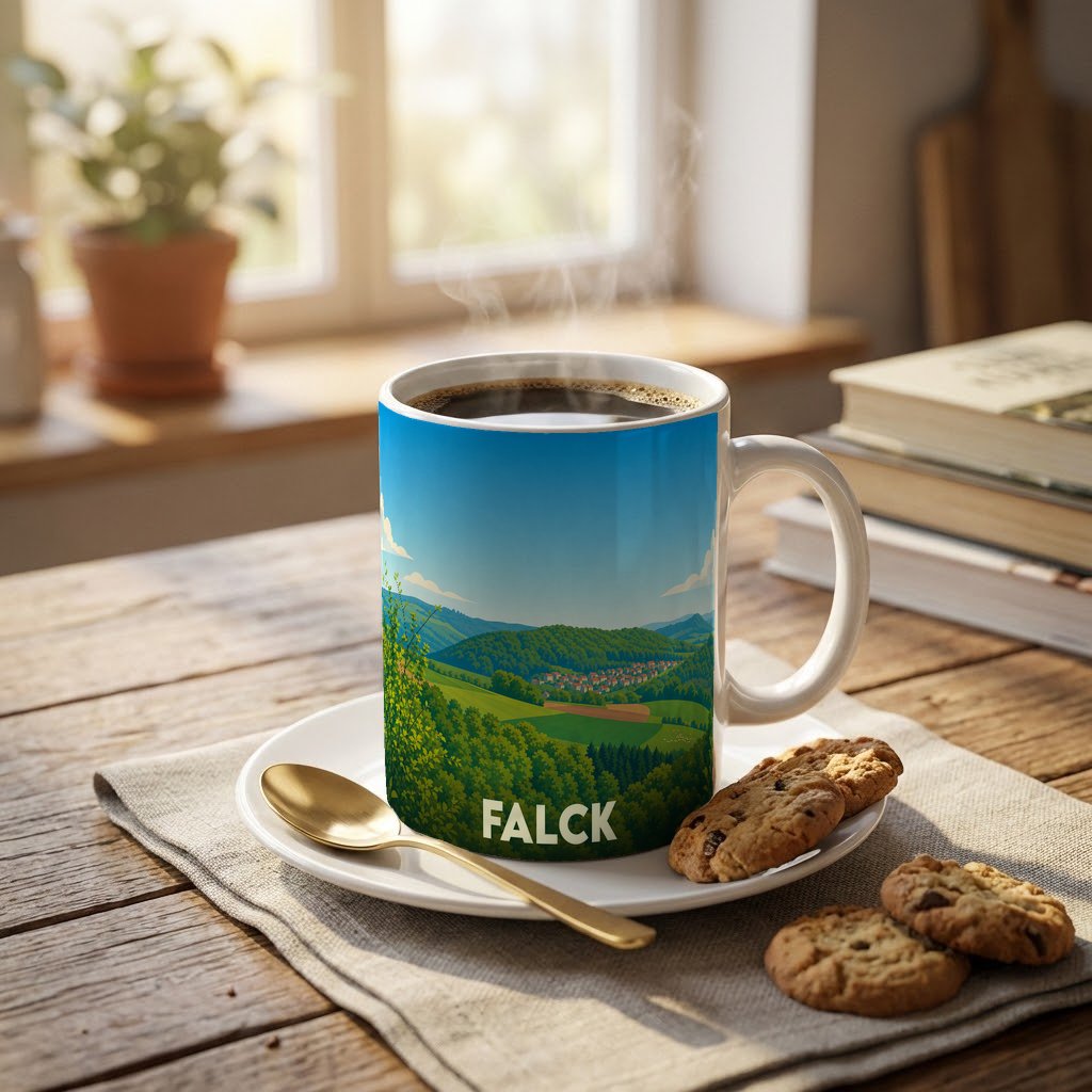 Mug souvenir de la ville de Falck avec une illustration stylisée de paysages vallonnés.