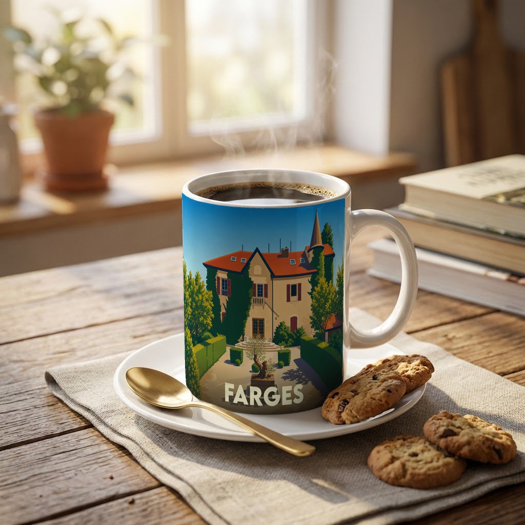 Mug souvenir de la ville de Farges avec une illustration stylisée d'une grande demeure entourée de jardins.