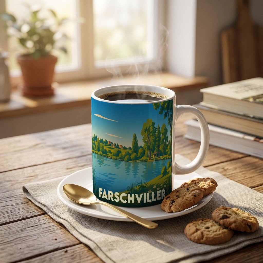 Mug souvenir de la ville de Farschviller orné d'une illustration stylisée de paysage lacustre.