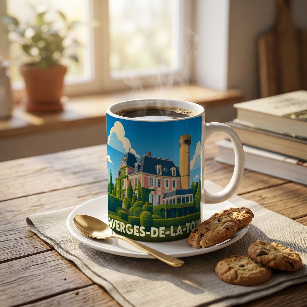Mug souvenir de la ville de Faverges-de-la-Tour avec une illustration stylisée de son château.