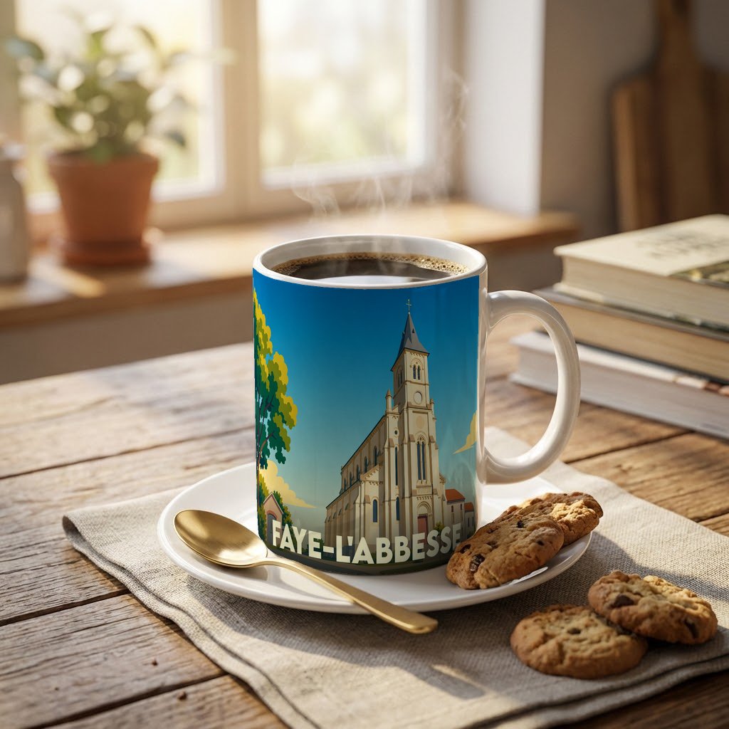 Mug souvenir de la ville de Faye-l'Abbesse orné d'une illustration stylisée de son église.