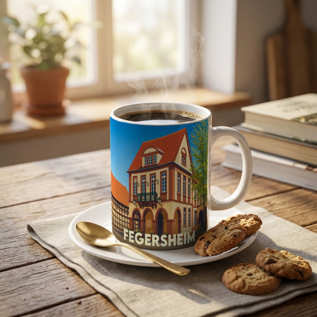Mug souvenir de la ville de Fegersheim avec une illustration stylisée d'un bâtiment traditionnel alsacien.
