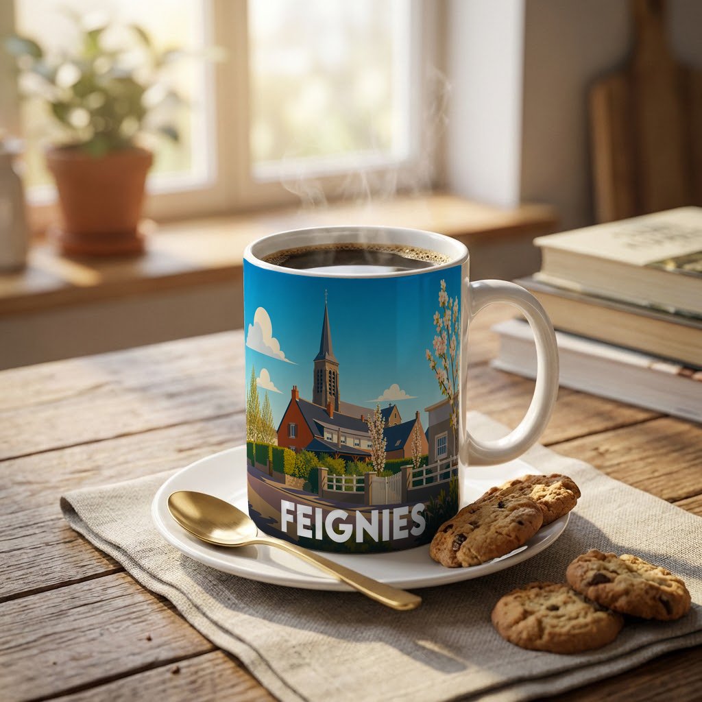 Mug souvenir de la ville de Feignies avec une illustration stylisée et colorée du paysage urbain.