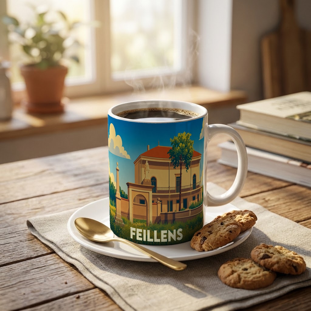 Mug souvenir de la ville de Feillens illustré d'un paysage urbain stylisé.