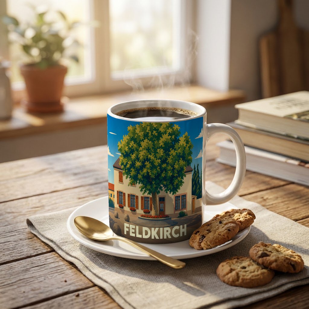 Mug souvenir de la ville de Feldkirch orné d'une illustration stylisée d'une place arborée.