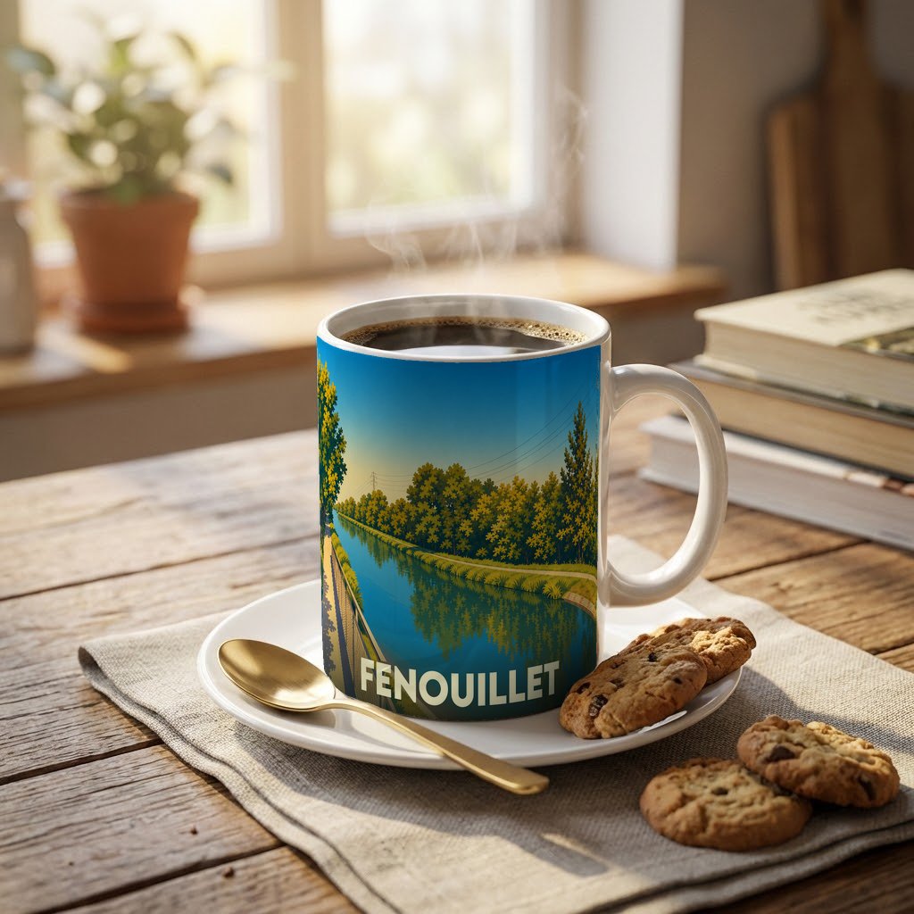 Mug souvenir de la ville de Fenouillet illustré d'un paysage de canal ensoleillé.