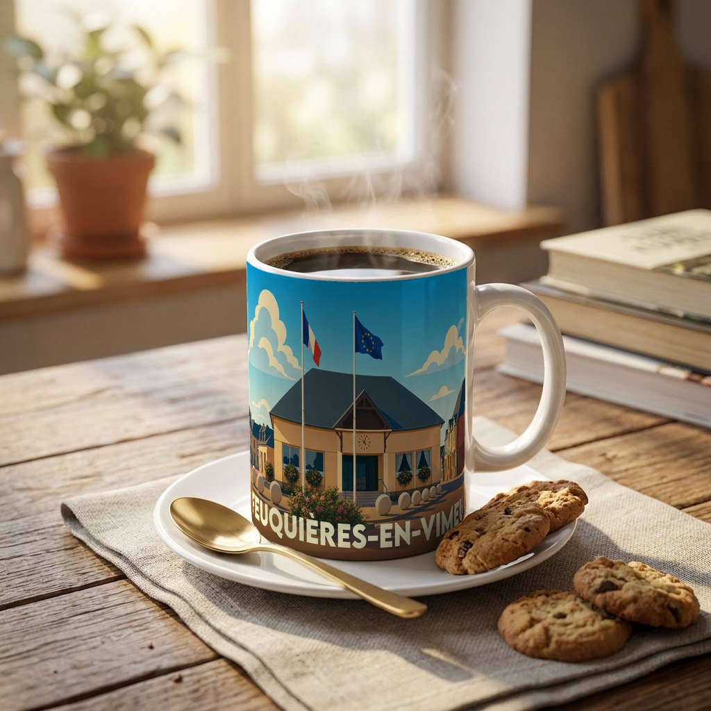 Mug souvenir de la ville de Feuquières-en-Vimeu avec une illustration stylisée de sa mairie.