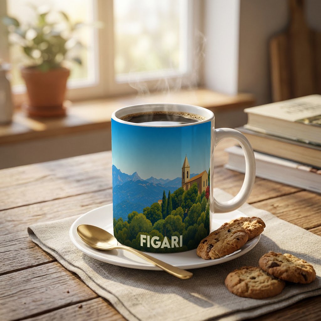 Mug souvenir de la ville de Figari arborant une illustration stylisée d'un paysage corse.