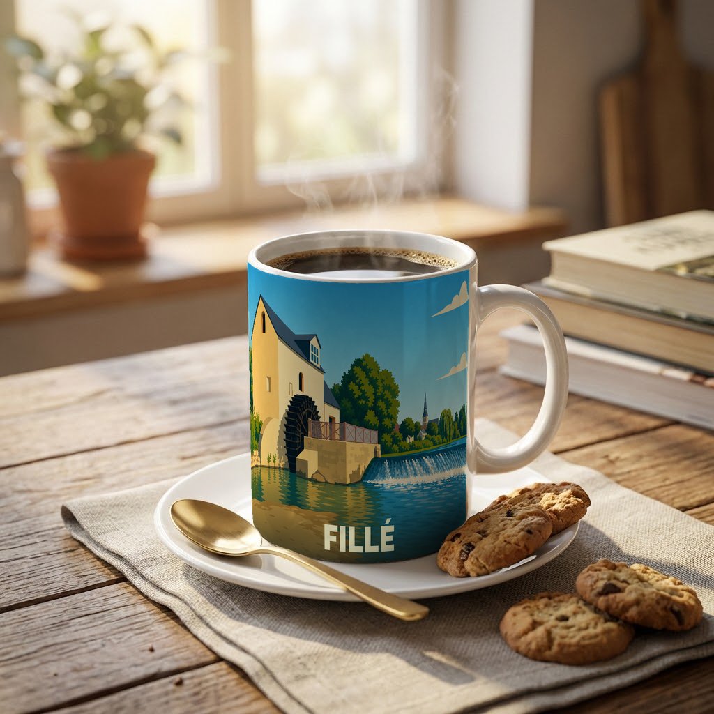 Mug souvenir de la ville de Fillé illustrant son moulin au bord de l'eau.
