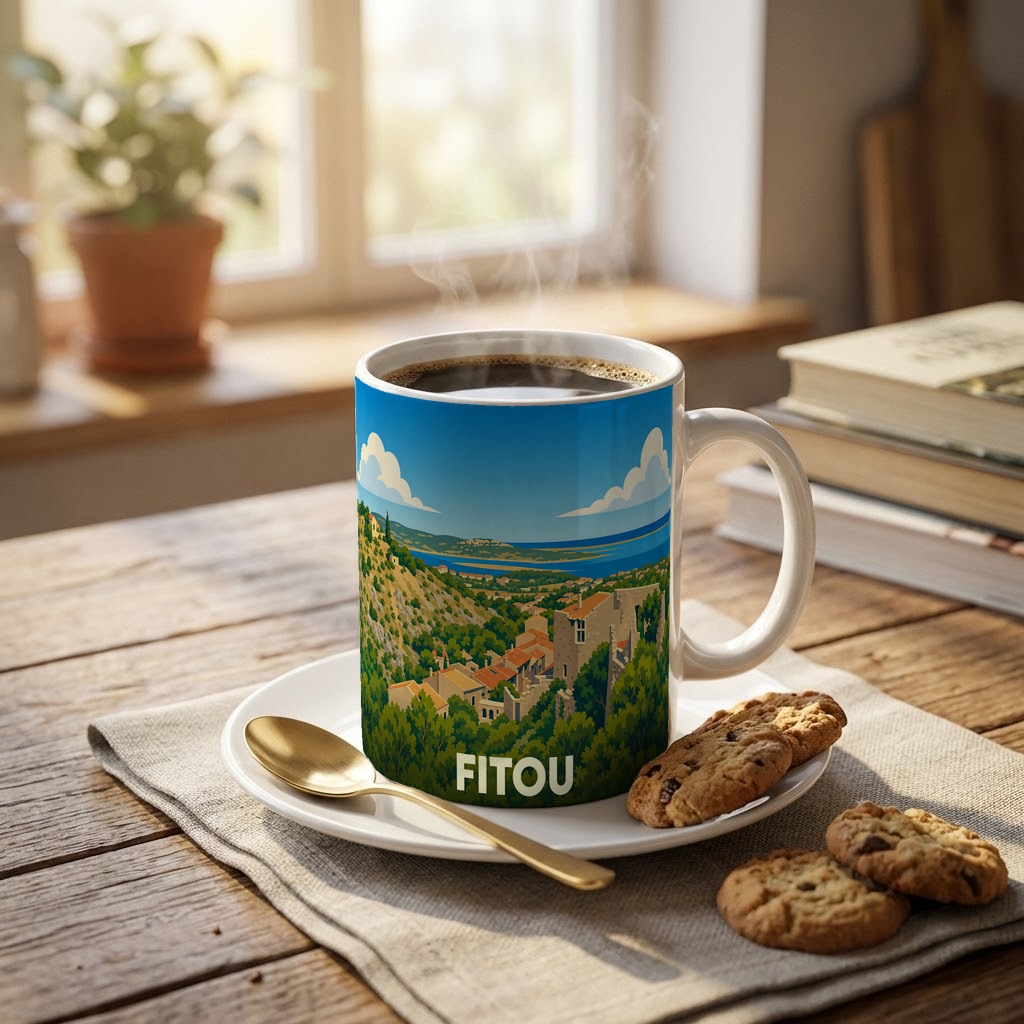Mug souvenir de la ville de Fitou illustré d'un paysage méditerranéen stylisé.