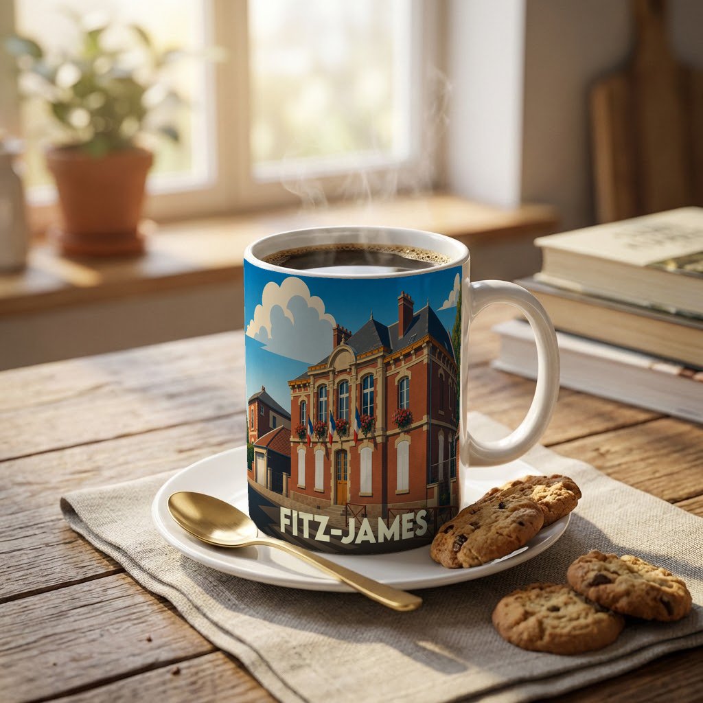 Mug souvenir de la ville de Fitz-James orné d'une illustration stylisée de sa mairie.