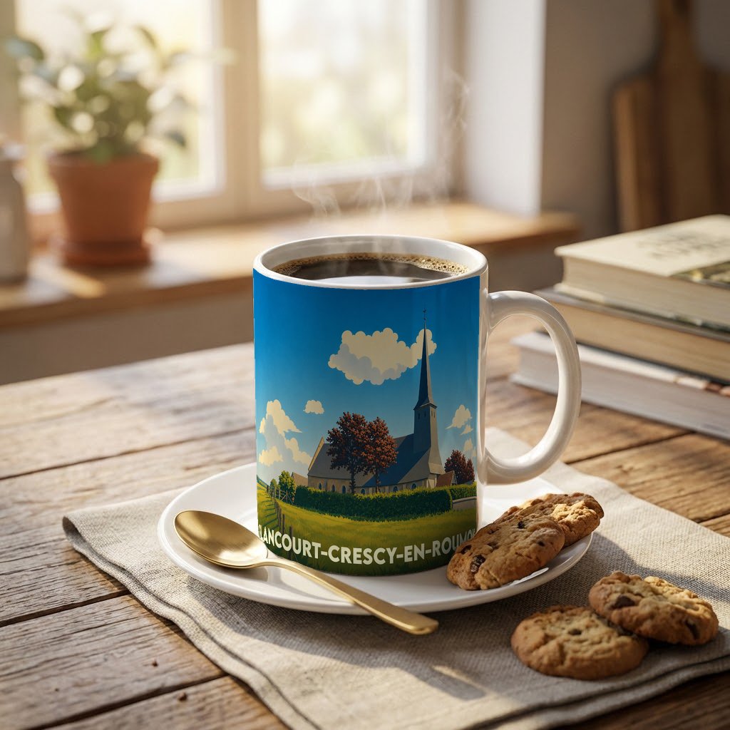 Mug souvenir de la ville de Flancourt-Crescy-en-Roumois avec une illustration stylisée de son église.