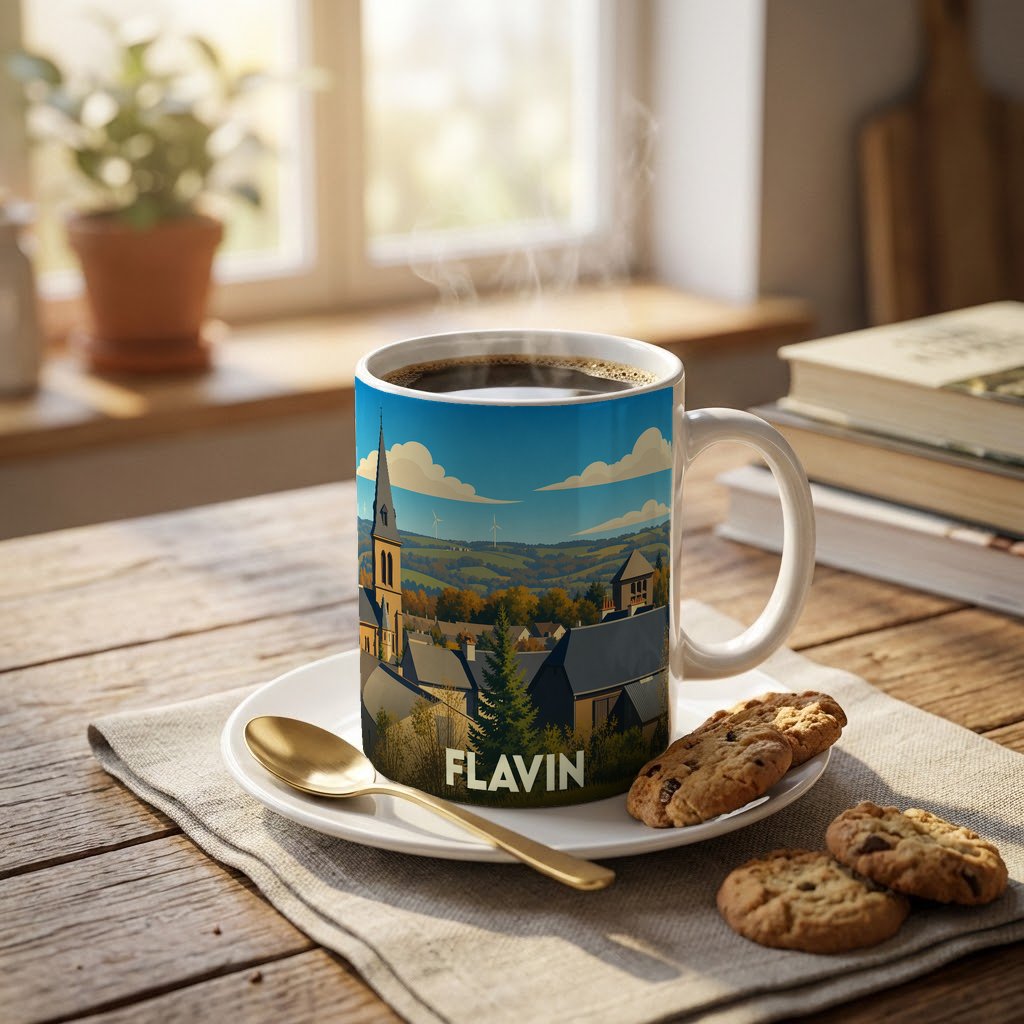 Mug souvenir de la ville de Flavin orné d'une illustration stylisée de son paysage urbain et de sa campagne environnante.