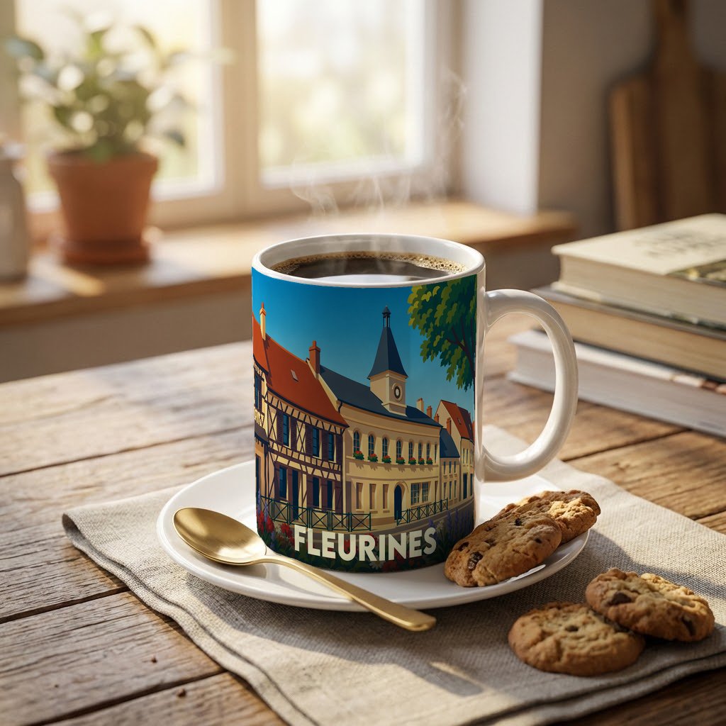 Mug souvenir de la ville de Fleurines orné d'une illustration stylisée de son architecture traditionnelle.