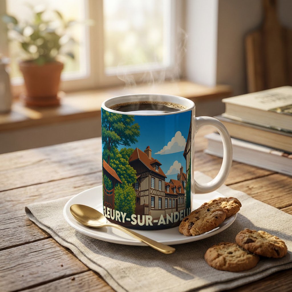 Mug souvenir de la ville de Fleury-sur-Andelle illustré d'un paysage urbain traditionnel.