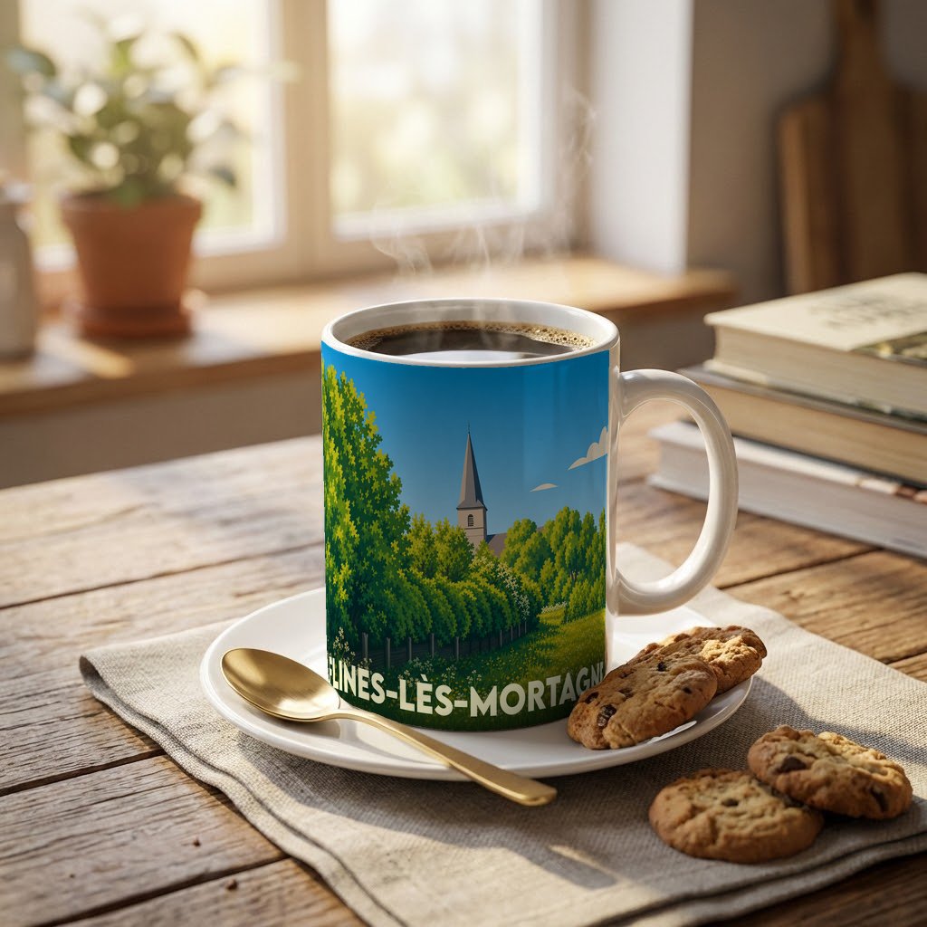 Mug souvenir de la ville de Flines-lès-Mortagne avec une illustration stylisée.