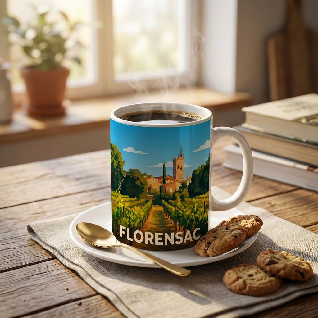 Mug souvenir de la ville de Florensac avec une illustration stylisée de ses vignes et de son clocher.