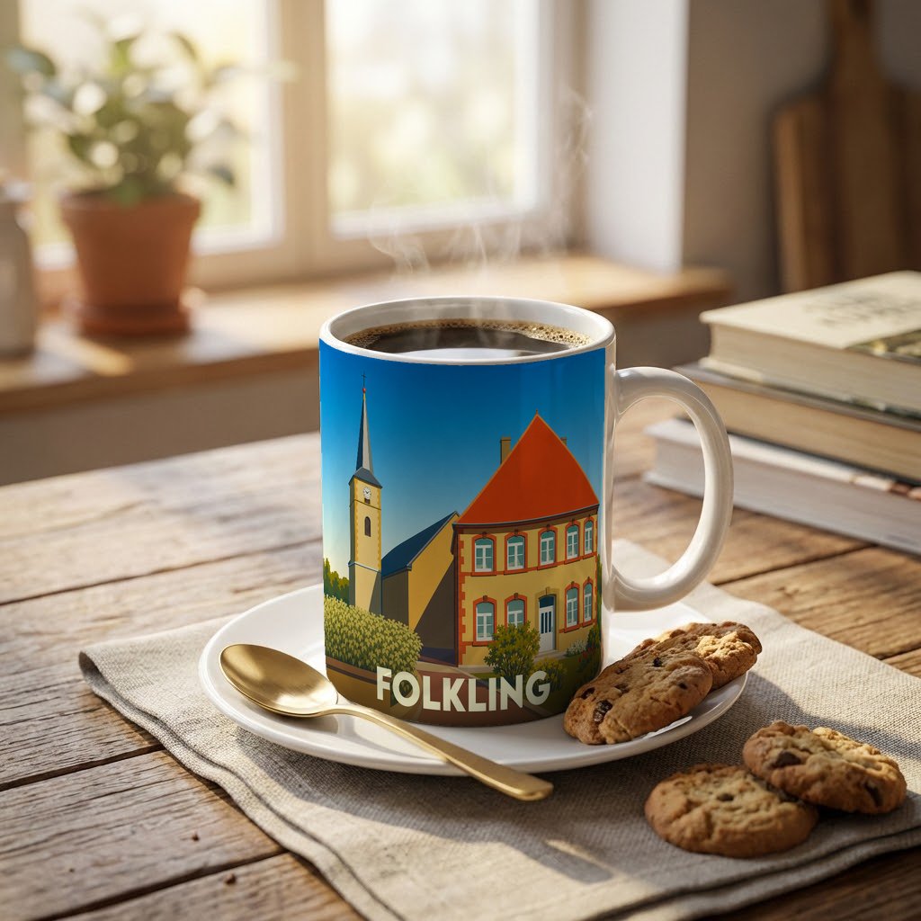 Mug souvenir de la ville de Folkling avec une illustration stylisée d'une église et de maisons.