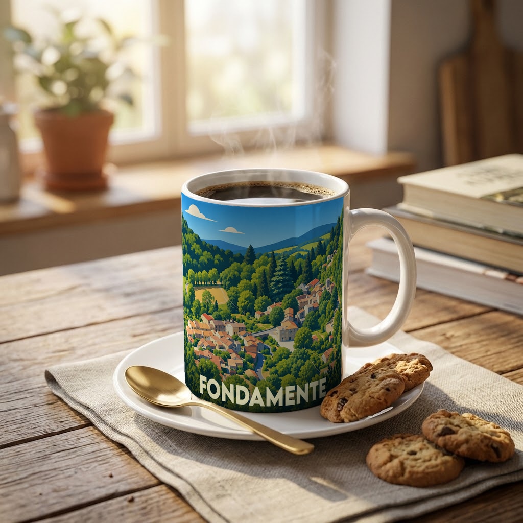 Mug souvenir de la ville de Fondamente avec une illustration stylisée d'un paysage vallonné.