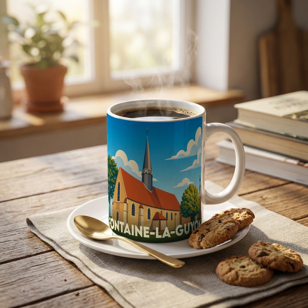 Mug souvenir de la ville de Fontaine-la-Guyon orné d'une illustration stylisée de son église.