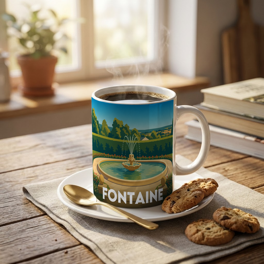 Mug souvenir de la ville de Fontaine avec une illustration stylisée d'un jardin.