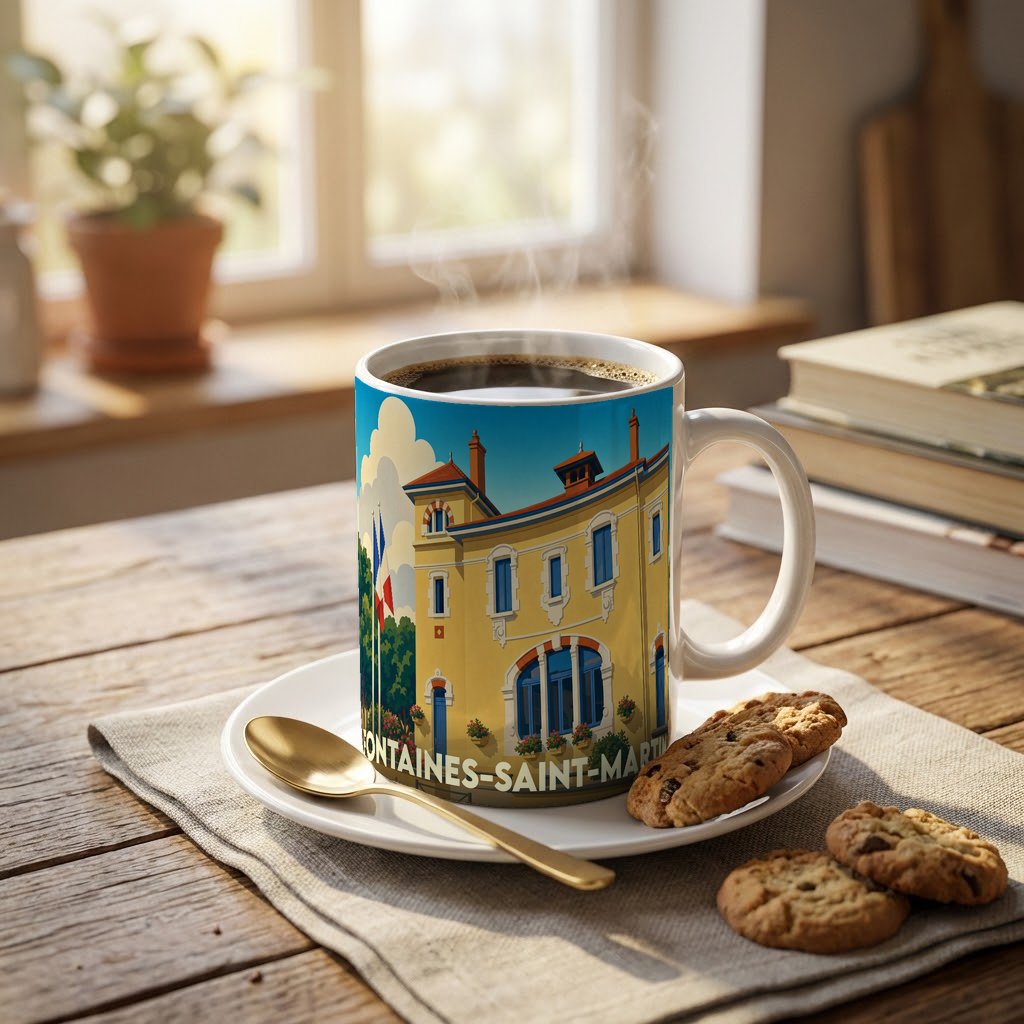 Mug souvenir de la ville de Fontaines-Saint-Martin avec une illustration stylisée de sa mairie.