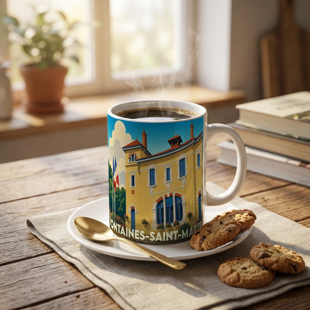 Mug souvenir de la ville de Fontaines-Saint-Martin avec une illustration stylisée de sa mairie.