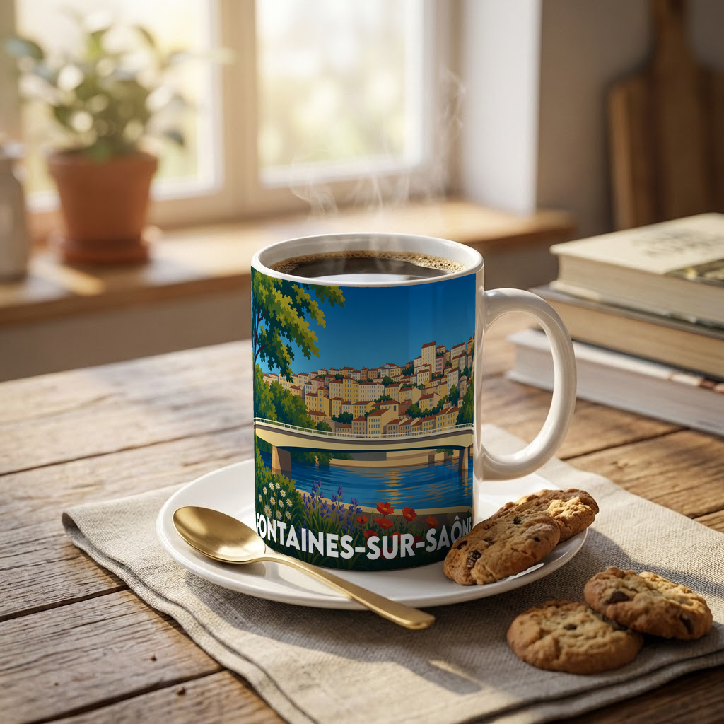 Mug souvenir de la ville de Fontaines-sur-Saône avec une illustration stylisée.