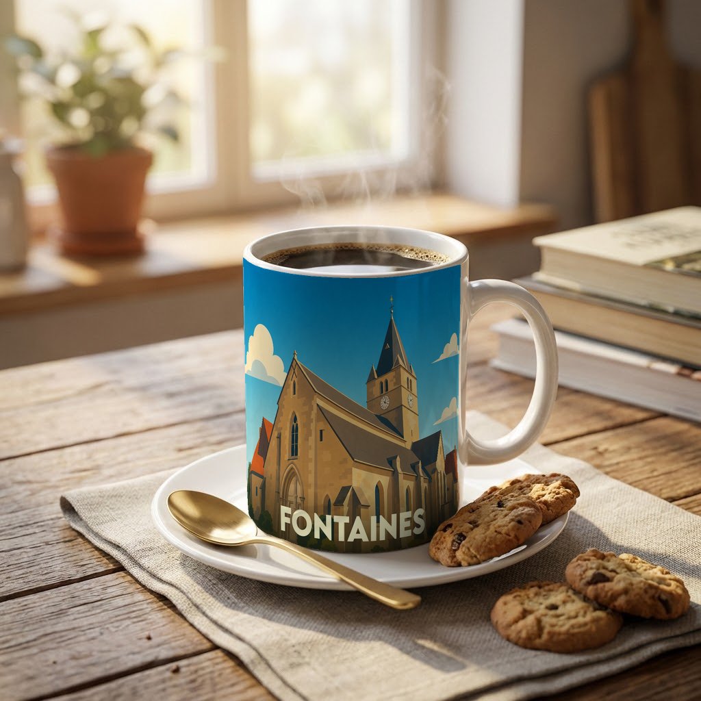 Mug souvenir de la ville de Fontaines illustré par une église stylisée sous un ciel bleu.