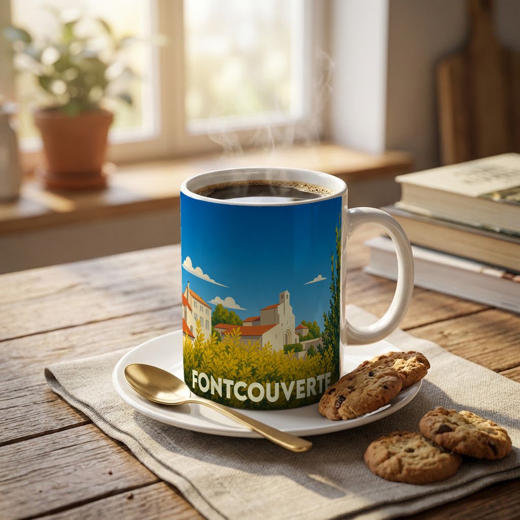 Mug souvenir de la ville de Fontcouverte orné d'une illustration stylisée du village et de son église.