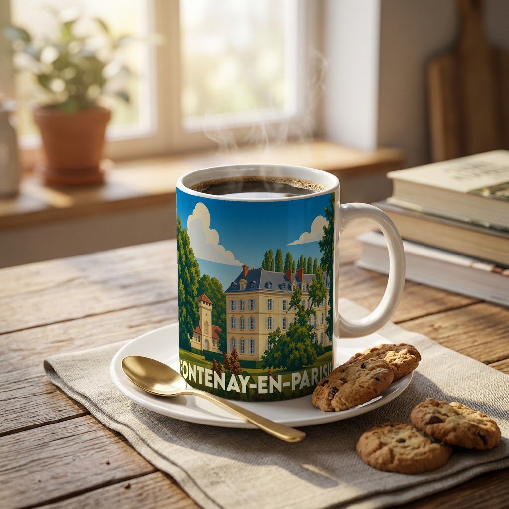 Mug souvenir de la ville de Fontenay-en-Parisis orné d'une illustration stylisée de son château.
