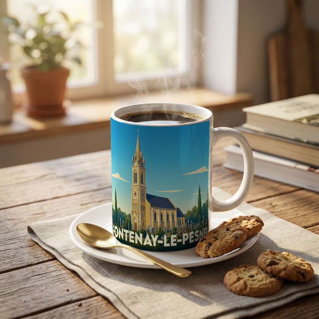 Mug souvenir de la ville de Fontenay-le-Pesnel avec une illustration stylisée d'une église sur fond bleu.