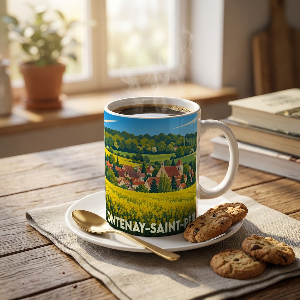 Mug souvenir de la ville de Fontenay-Saint-Père avec une illustration stylisée de son paysage champêtre.