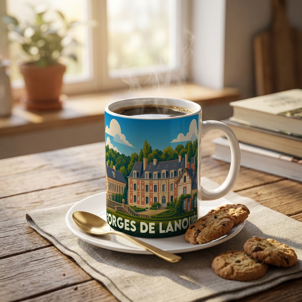 Mug souvenir de la ville de Forges de Lanouée illustré par un manoir coloré dans un cadre verdoyant.