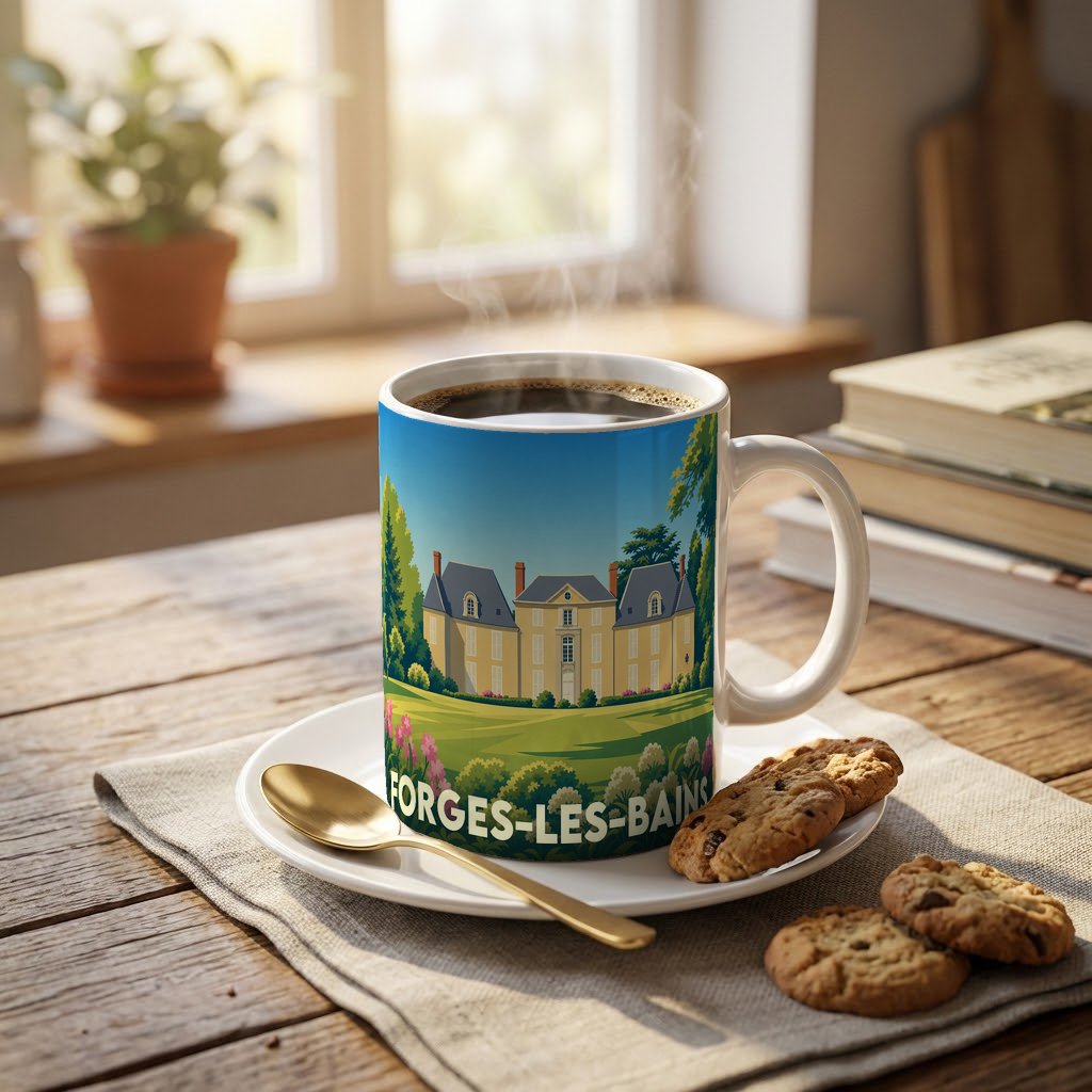 Mug souvenir de la ville de Forges-les-Bains avec une illustration stylisée de son château.