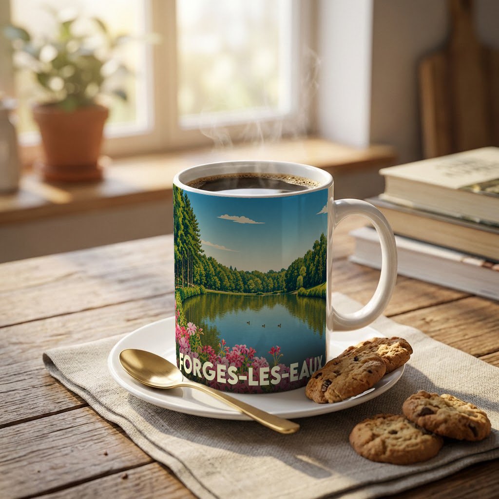 Mug souvenir de la ville de Forges-les-Eaux illustré d'un paysage de lac paisible.