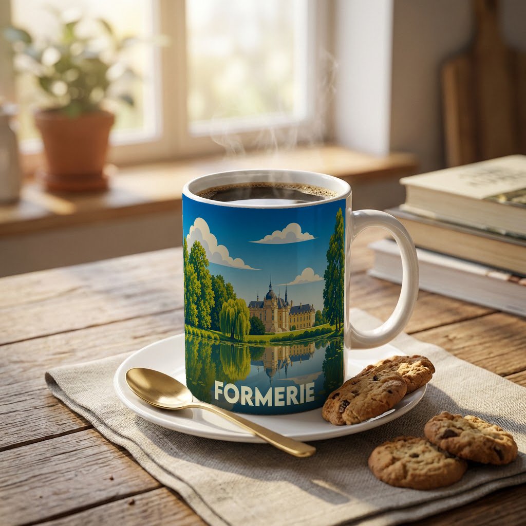 Mug souvenir de la ville de Formerie orné d'une illustration stylisée d'un château se reflétant dans l'eau.