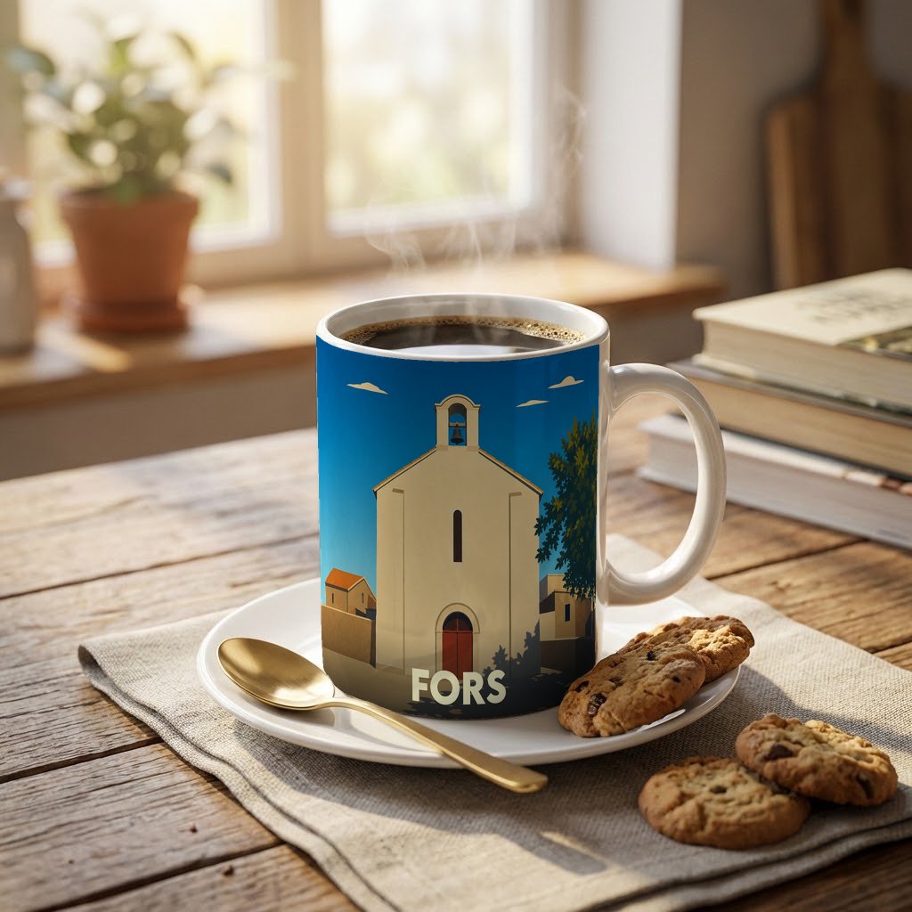 Mug souvenir de la ville de Fors orné d'une illustration stylisée d'une église sous un ciel bleu.