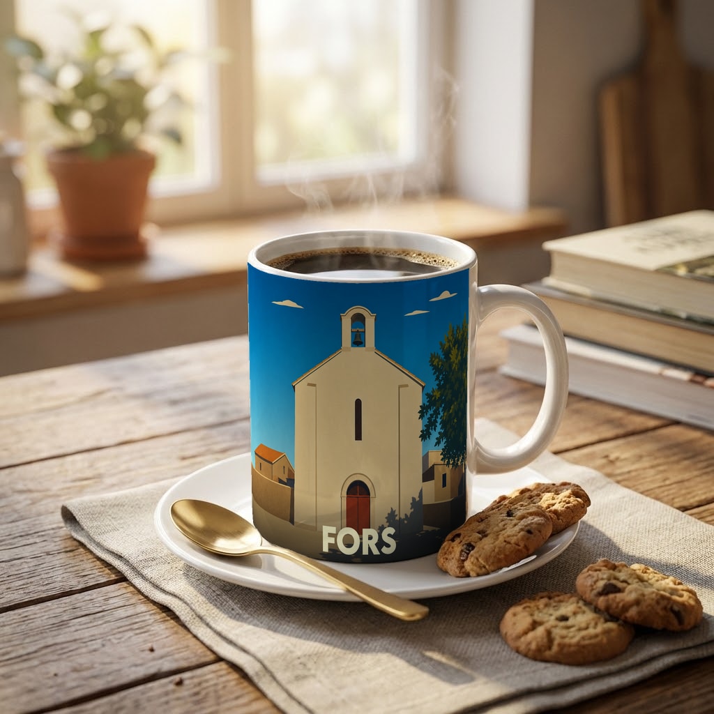 Mug souvenir de la ville de Fors orné d'une illustration stylisée d'une église sous un ciel bleu.