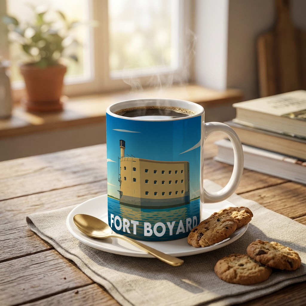 Mug souvenir de Fort Boyard avec une illustration stylisée.