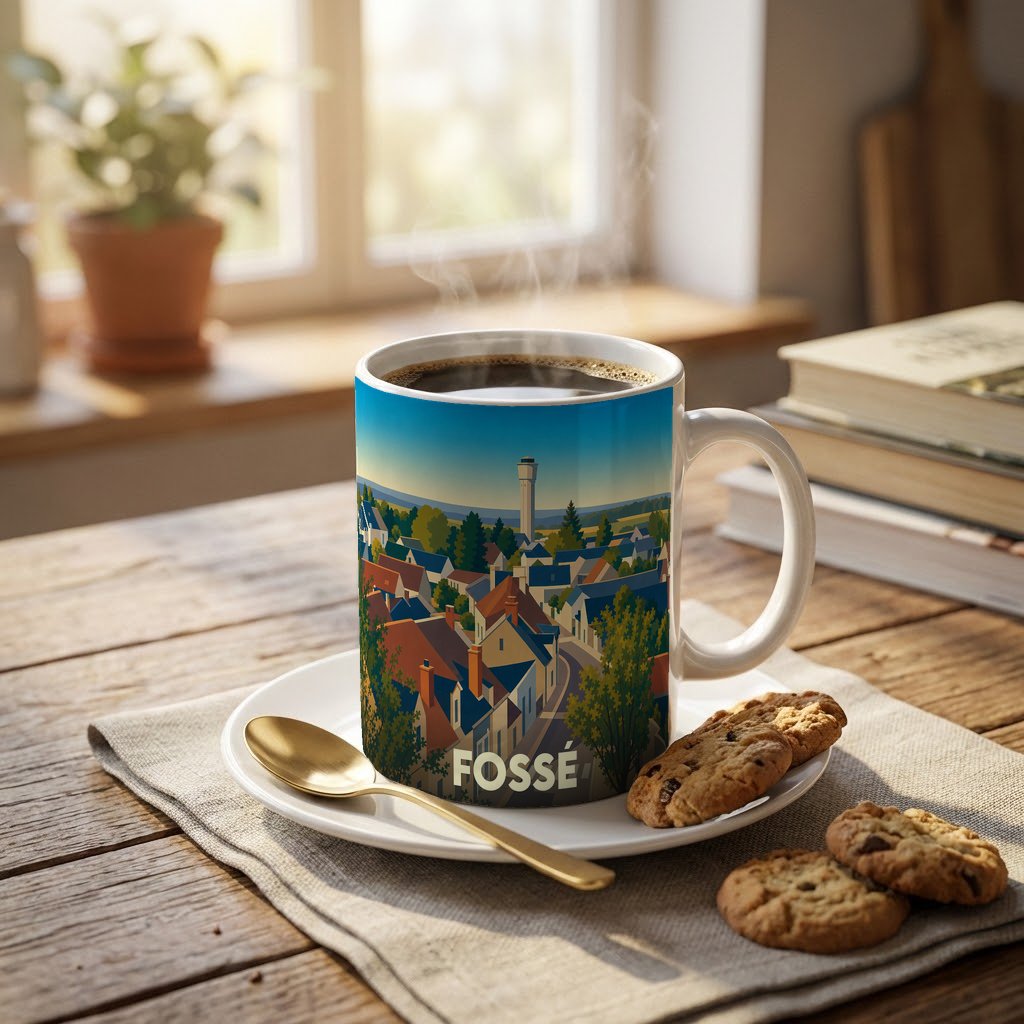 Mug souvenir de la ville de Fossé avec une illustration stylisée et colorée.