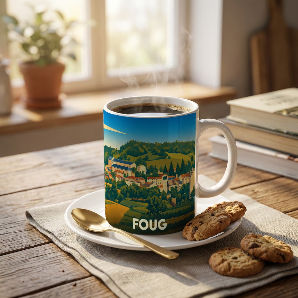 Mug souvenir de la ville de Foug orné d'une illustration paysagère stylisée.