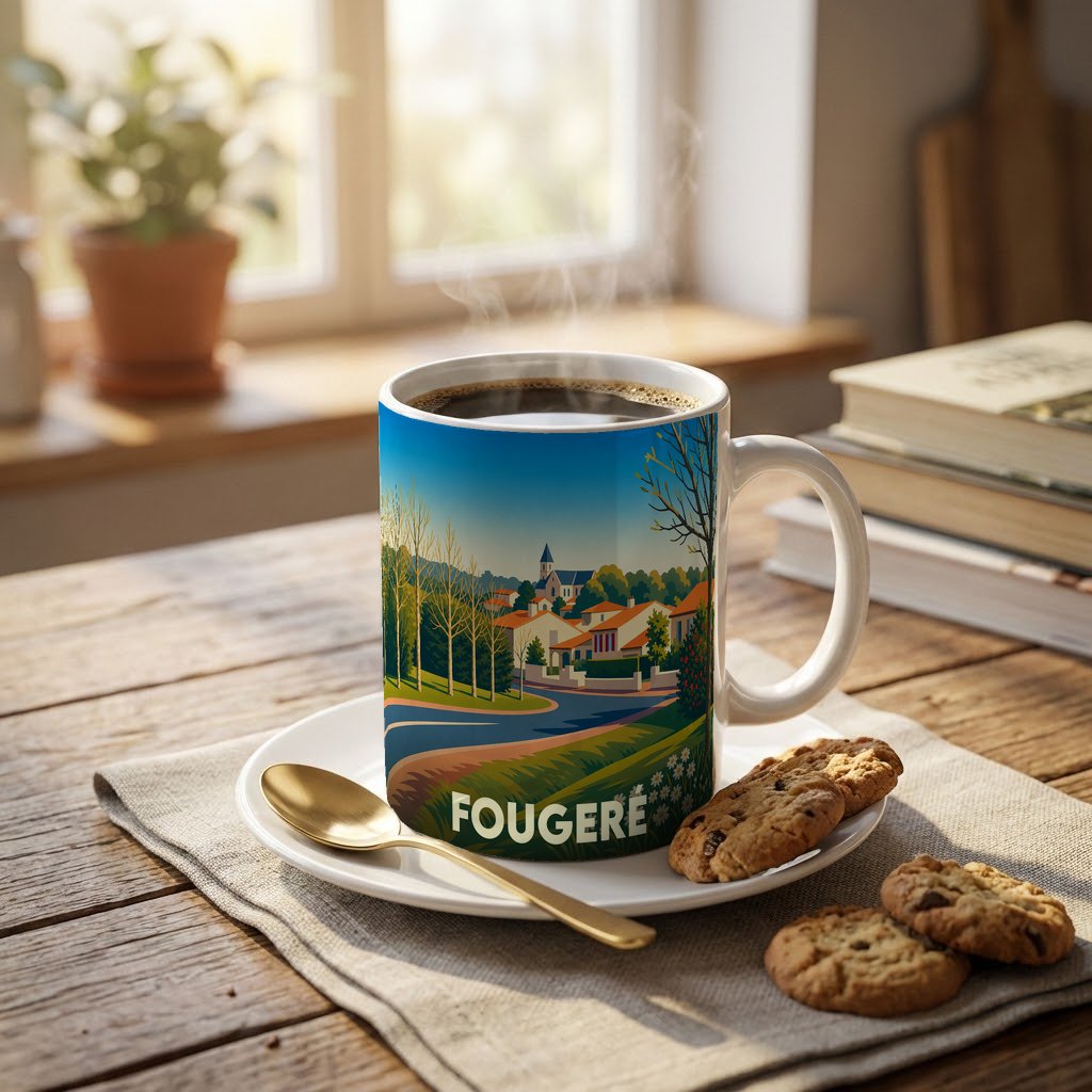 Mug souvenir de la ville de Fougeré avec une illustration de paysage champêtre.