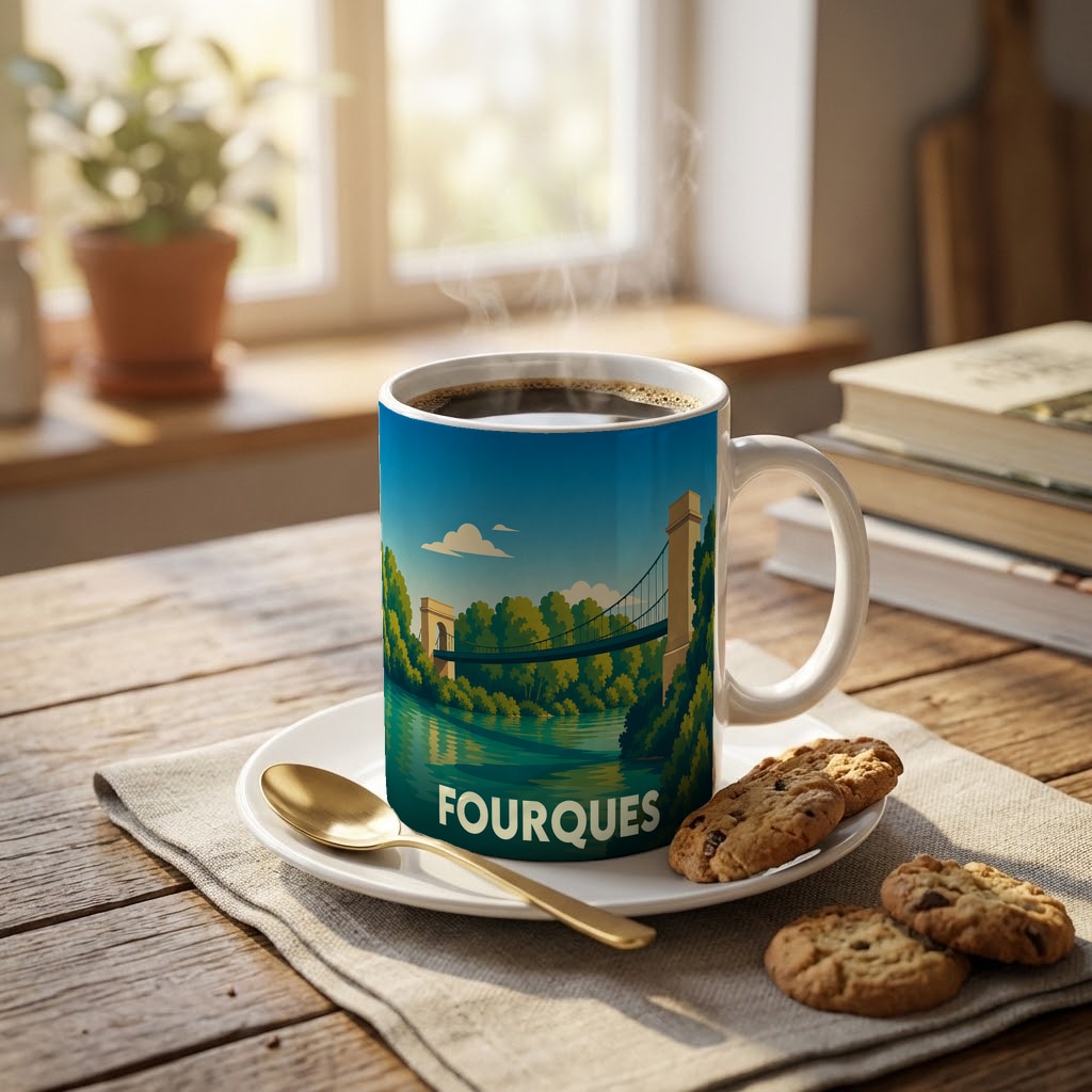Mug souvenir de la ville de Fourques avec une illustration stylisée de son pont suspendu.