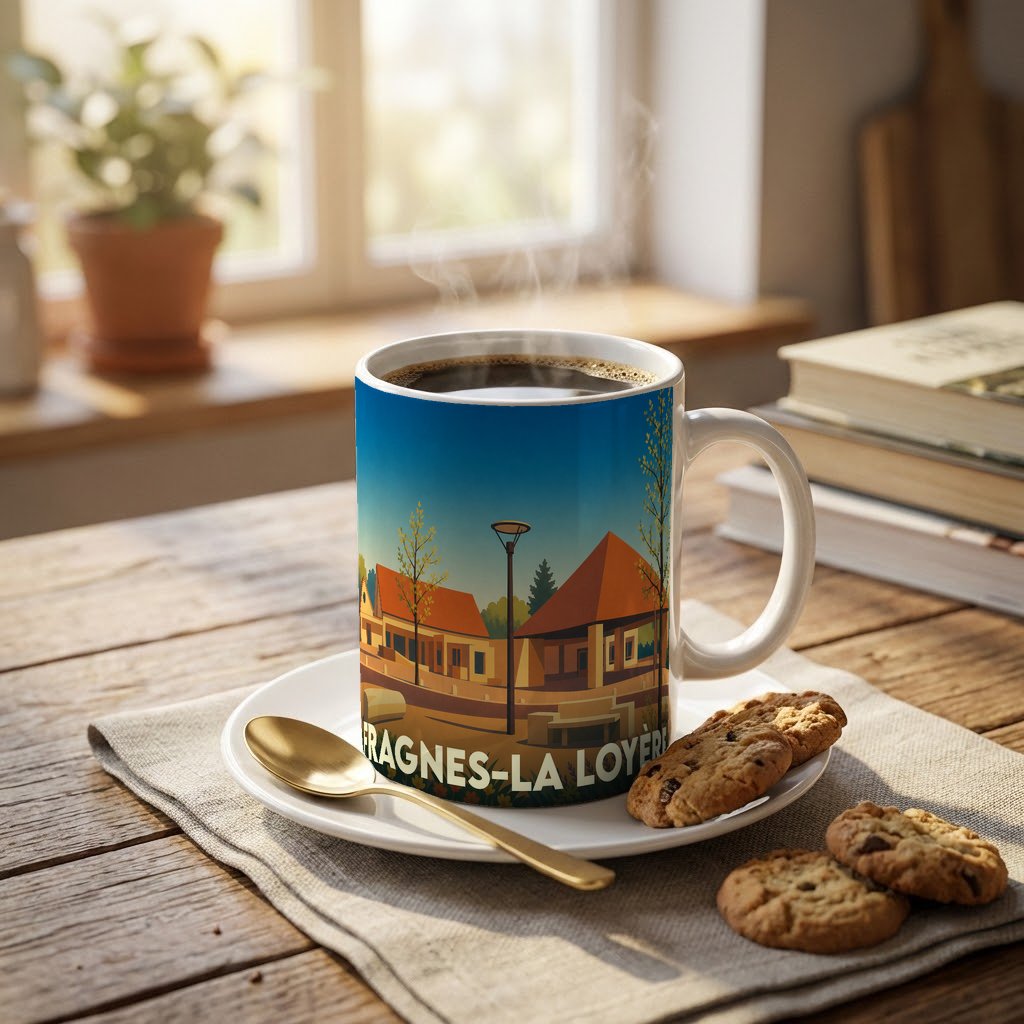 Mug souvenir de la ville de Fragnes-La Loyère avec une illustration stylisée.