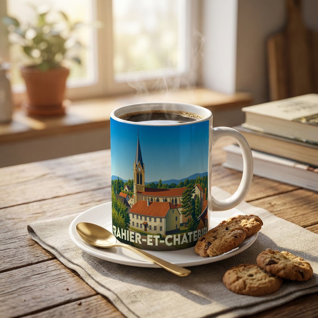 Mug souvenir de la ville de Frahier-et-Chatebier avec une illustration stylisée d'un village et de son église.