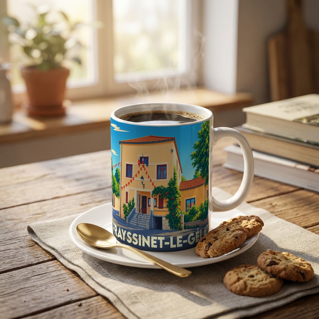 Mug souvenir de la ville de Frayssinet-le-Gélat illustré d'une vue stylisée de la mairie sous un ciel bleu.